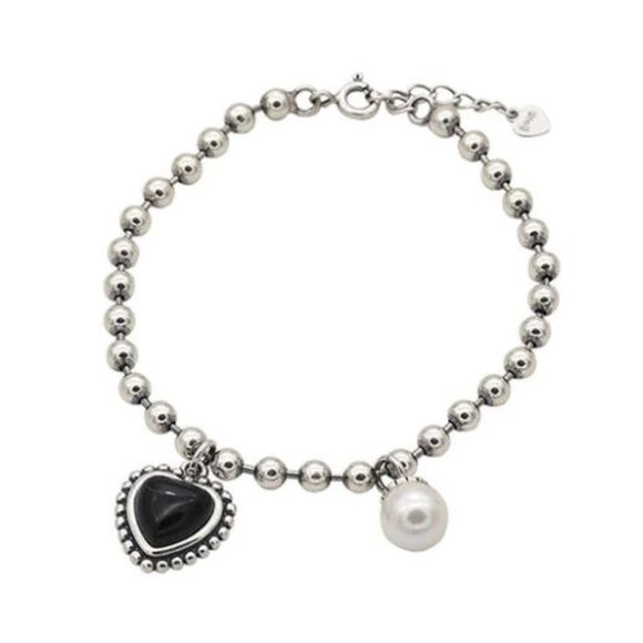 Sterling Silver Black Heart & Pearl Bead Bracelet - Picture 5 of 5